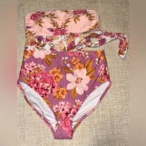 Kona Sol Floral Cut Out One Piece Swimsuit Pink Boho Tropical Tie Side Medium